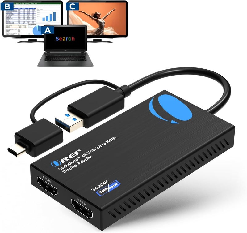 OREI SplitExtend 4K HDMI Splitter Extended Display for Dual Monitor - Multi-Monitor Display 3 Separate Screens - USB A & USB-C Adapter to HDMI 2.0, 4K@60hz, DisplayLink Driver MacOS, Windows - Image 1